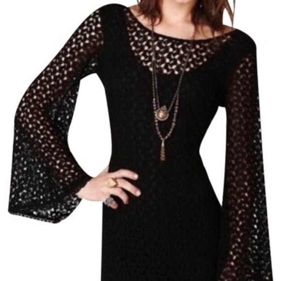 Free People Black Crochet Bell Sleeve Lined Dress - Picture 2 of 7